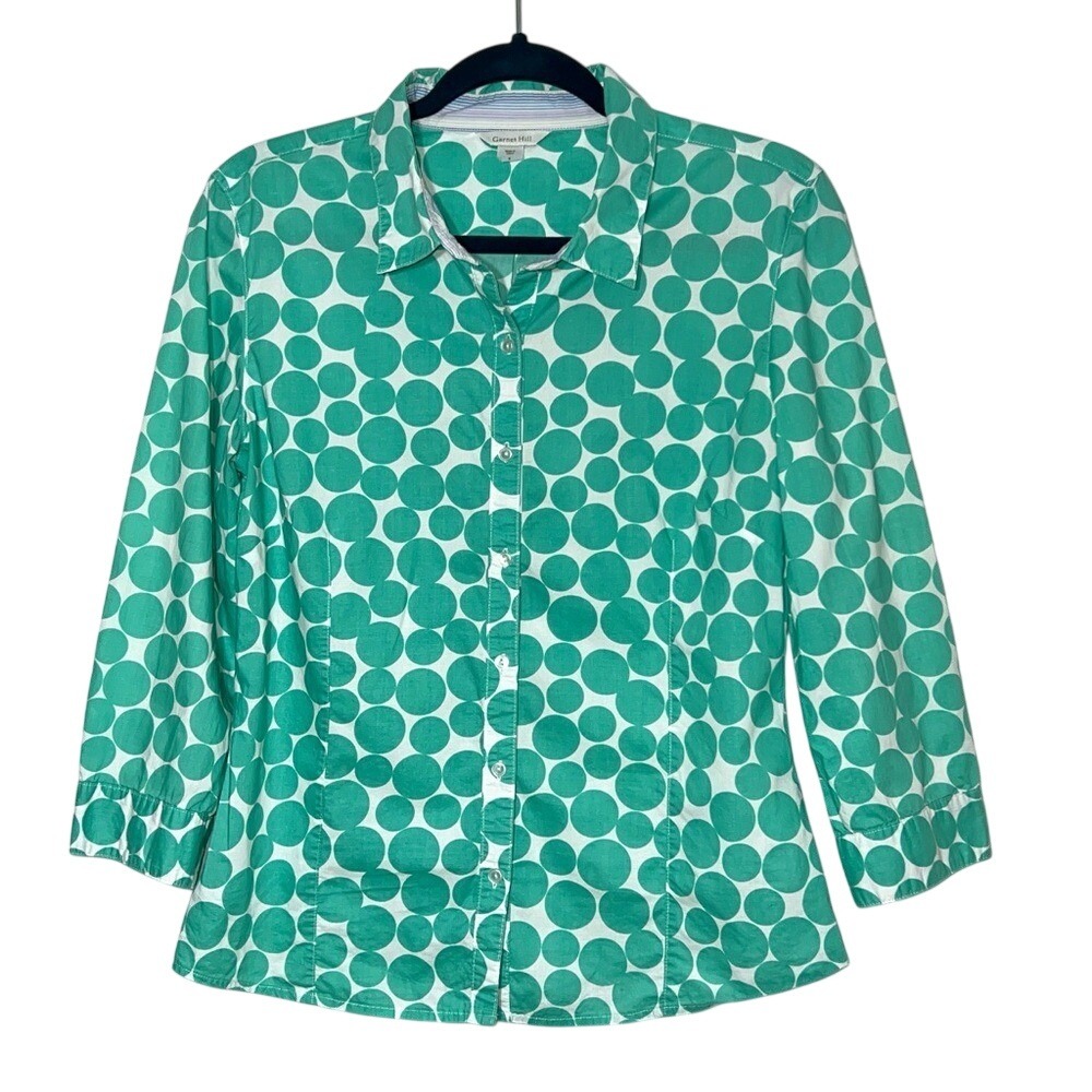 Garnet‎ Hill Womens Button Front Shirt Mint Green White 3/4 Sleeve Cotton Sz 6